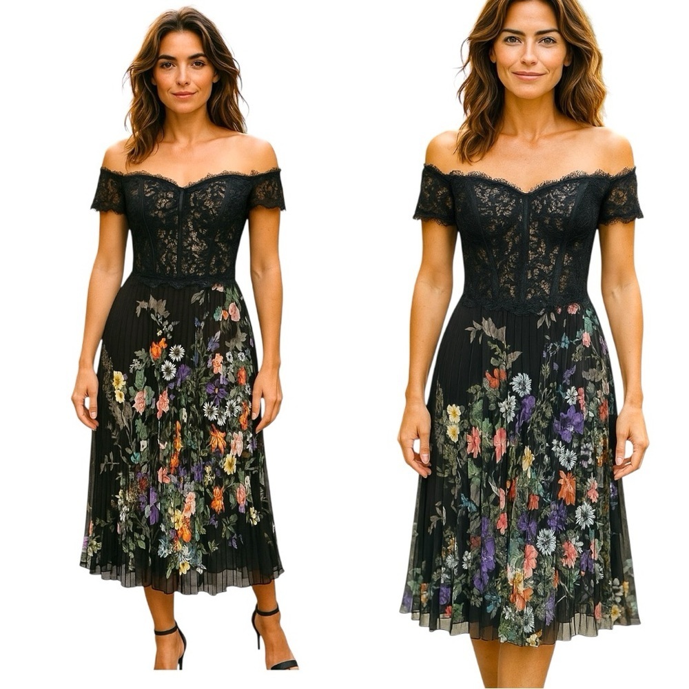 Teri Jon by Rickie Freeman Lace Off Shoulder Bodice Floral Pleated Midi Dress